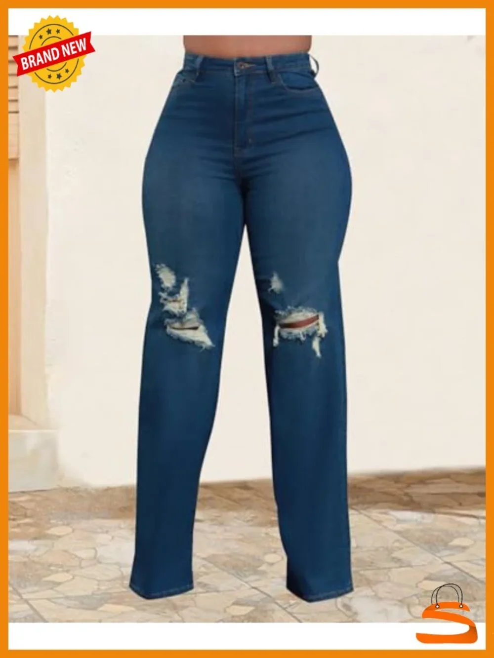 High Waisted Skinny Bell Bottom Flare Jeans with Ripped Hole Distressed Denim - Picture 5 of 6